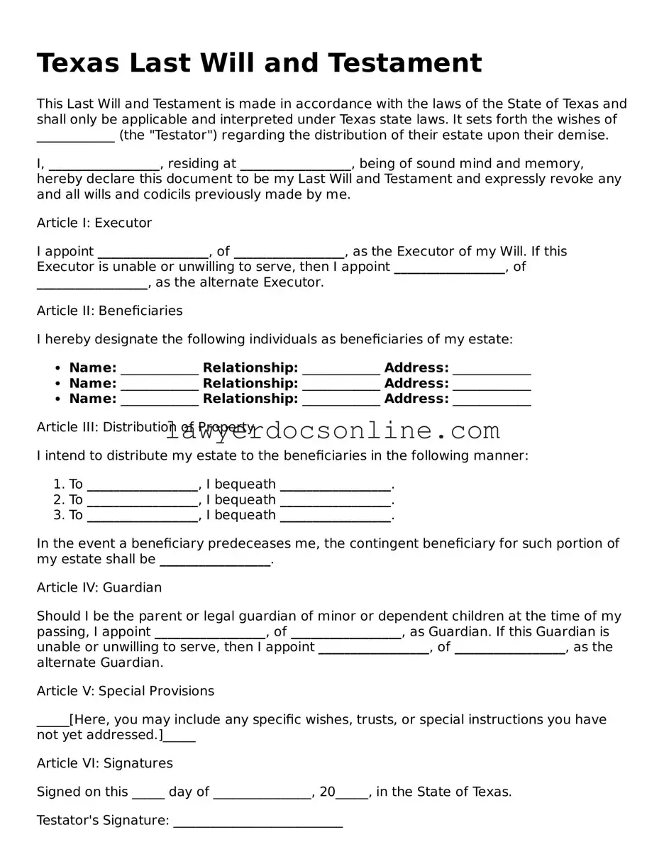 Legal  Last Will and Testament Form for Texas