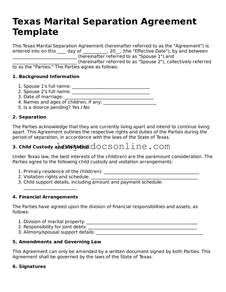 Legal  Marital Separation Agreement Form for Texas