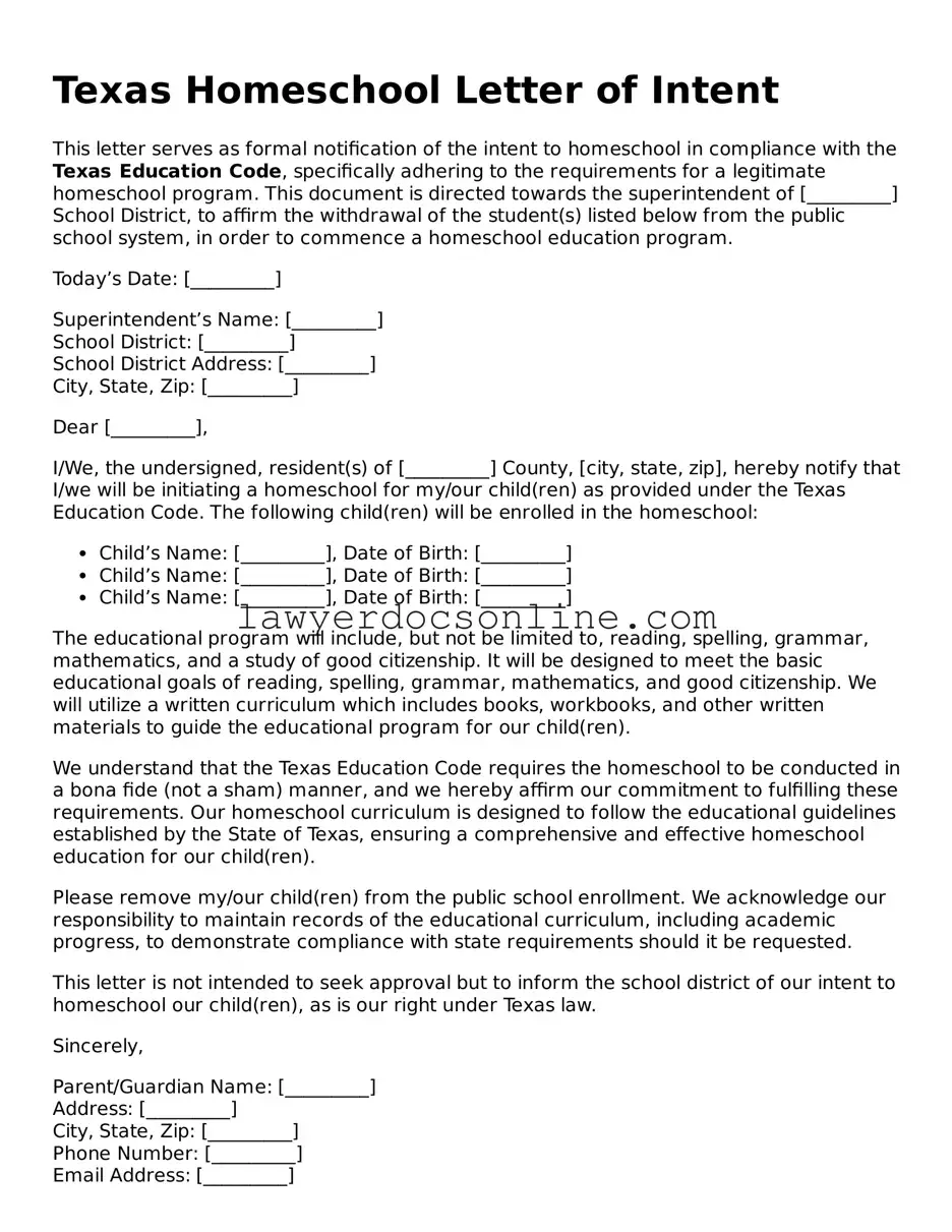 Legal  Homeschool Letter of Intent Form for Texas