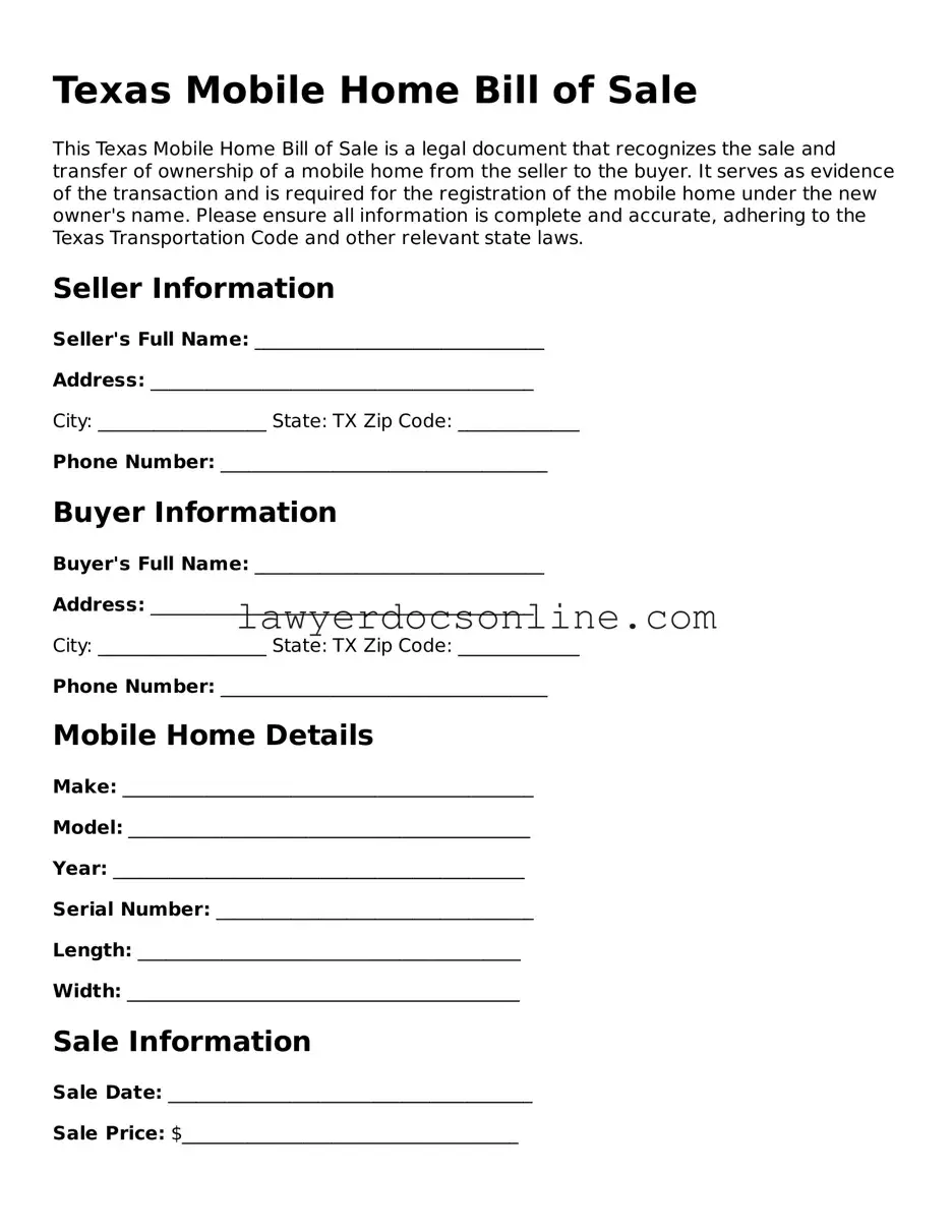 Legal  Mobile Home Bill of Sale Form for Texas
