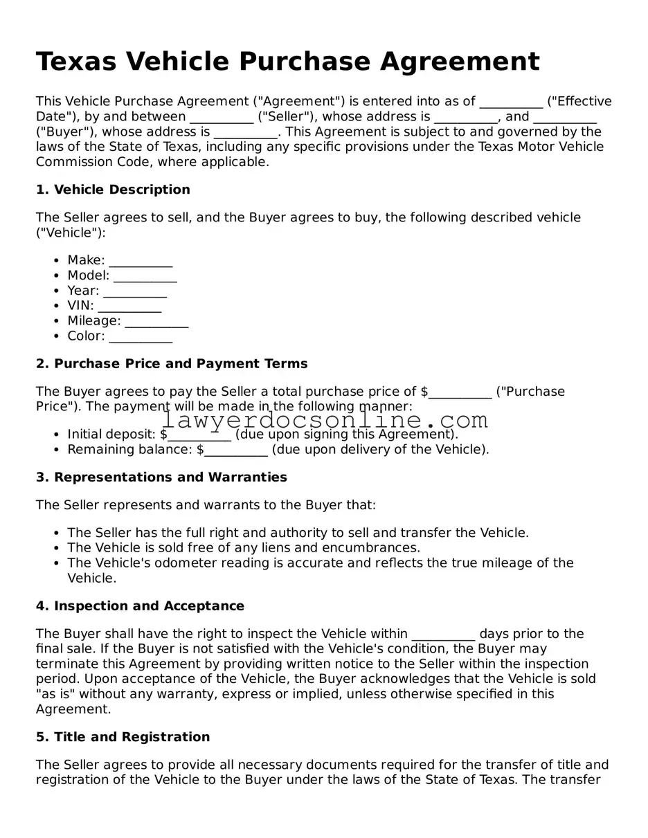Legal  Vehicle Purchase Agreement Form for Texas