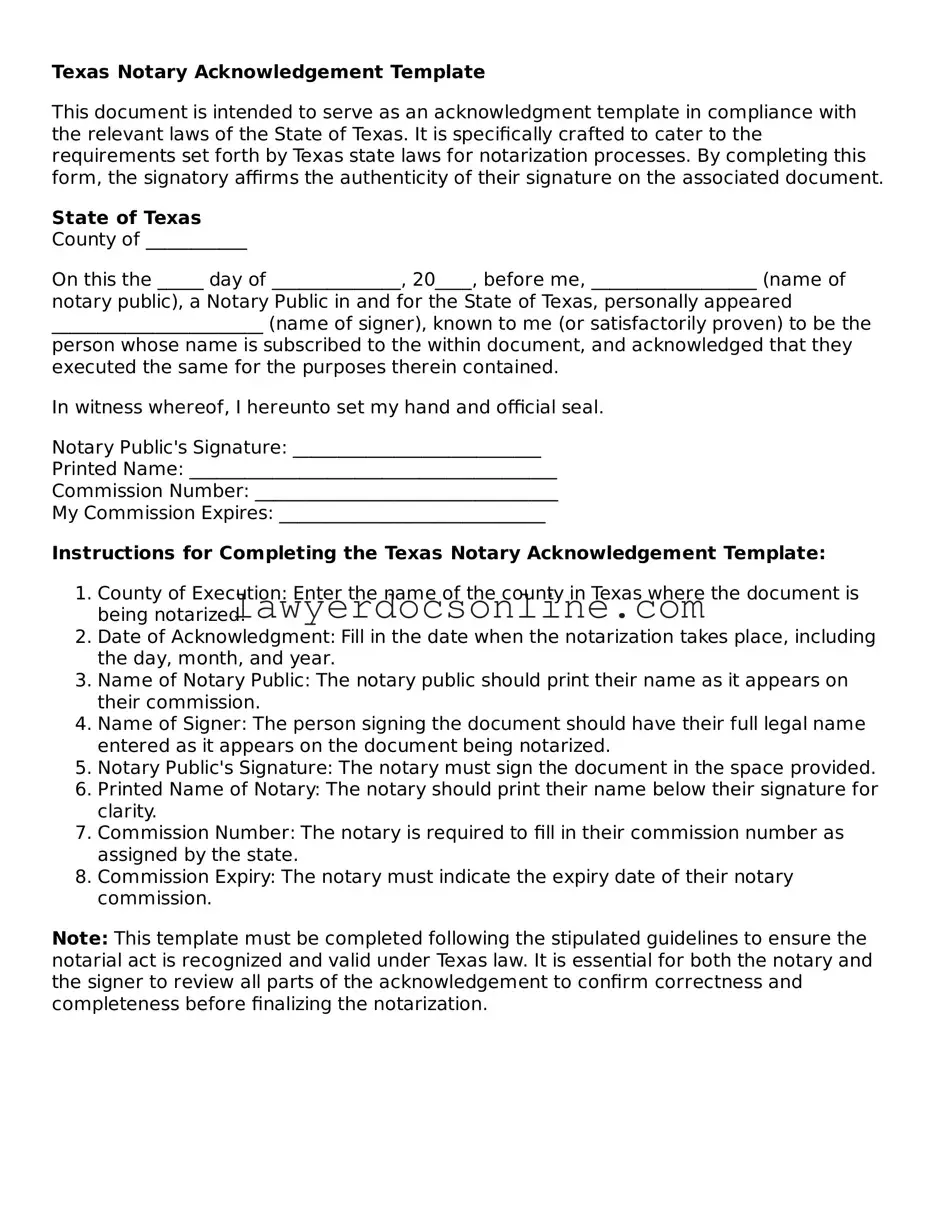 Legal  Notary Acknowledgement Form for Texas