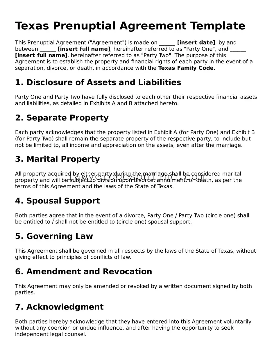 Legal  Prenuptial Agreement Form for Texas