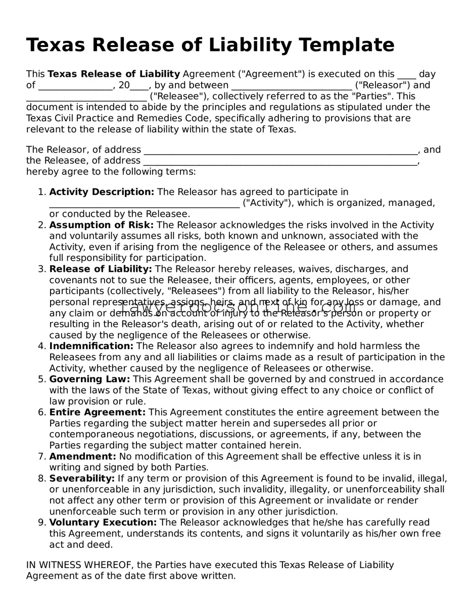 Legal  Release of Liability Form for Texas