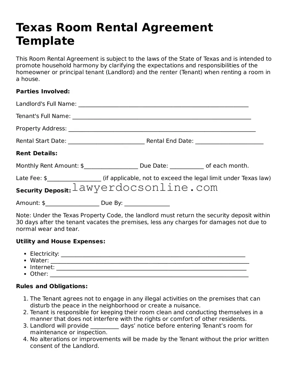 Legal  Room Rental Agreement Form for Texas