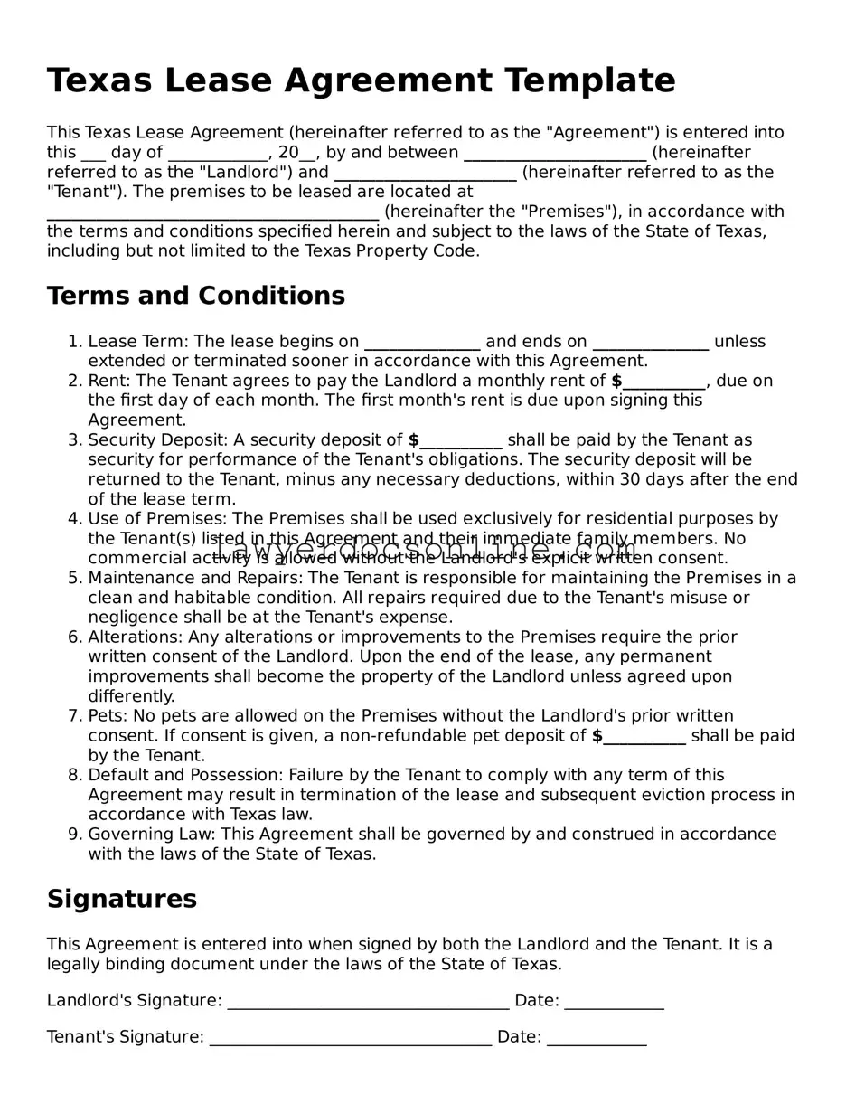 Legal  Lease Agreement Form for Texas