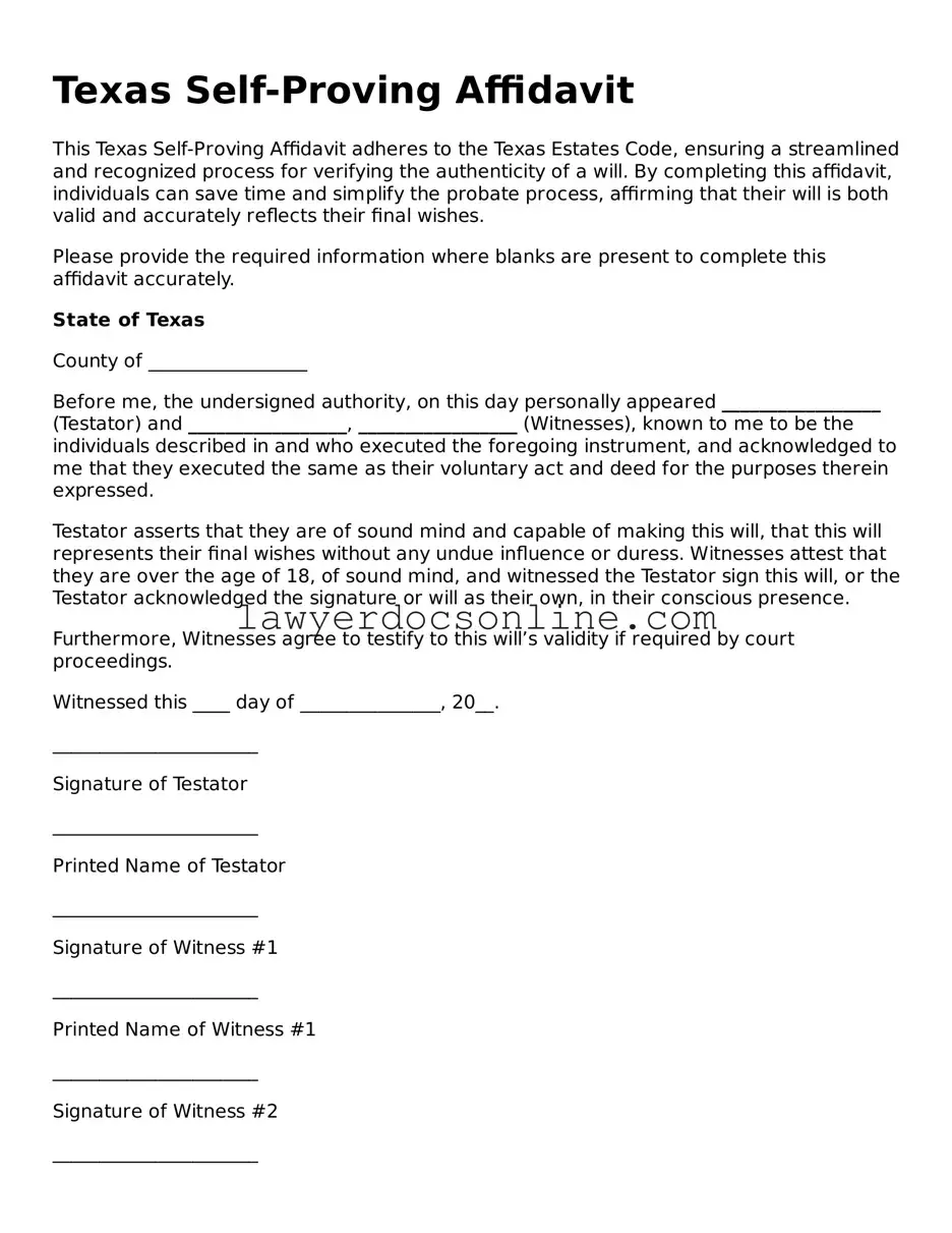 Legal  Self-Proving Affidavit Form for Texas