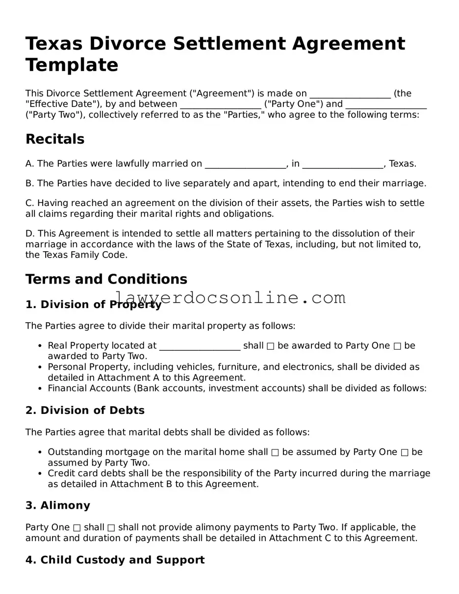 Legal  Divorce Settlement Agreement Form for Texas