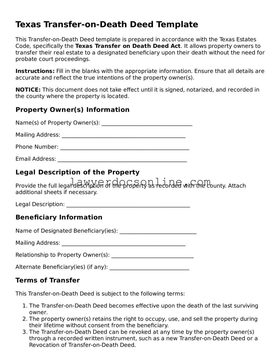Legal  Transfer-on-Death Deed Form for Texas